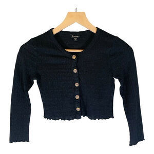 Zunie Crop Cardigan Size 10 Juniors Black Button Down Stretch Casual Ruched Chic